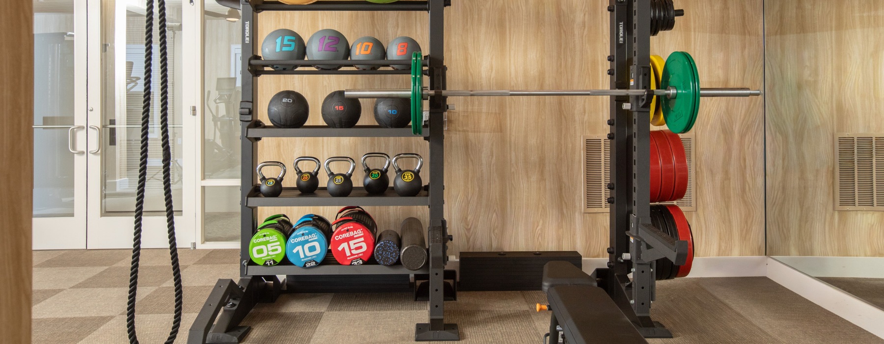 A gym area with exercise equipment including colorful exercise balls, weighted medicine balls, kettlebells, and a barbell rack, set against a wooden wall and mirrored background.