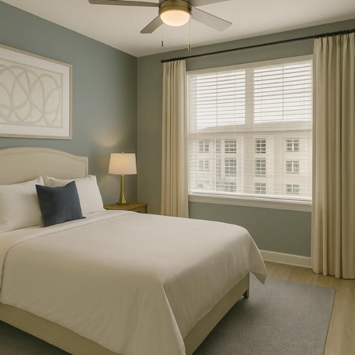 a bedroom with a large bed