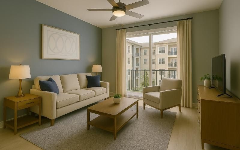 a living room with a couch and a table