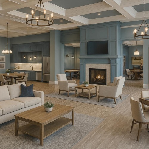 a clubroom with a couch, tables and chairs